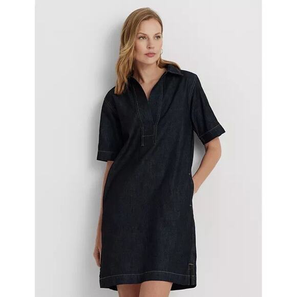 Lauren Ralph Lauren Dresses & Skirts - Lauren Ralph Lauren Denim Shirt Dress Womens 2X Plus V Neck Dark Wash Pockets